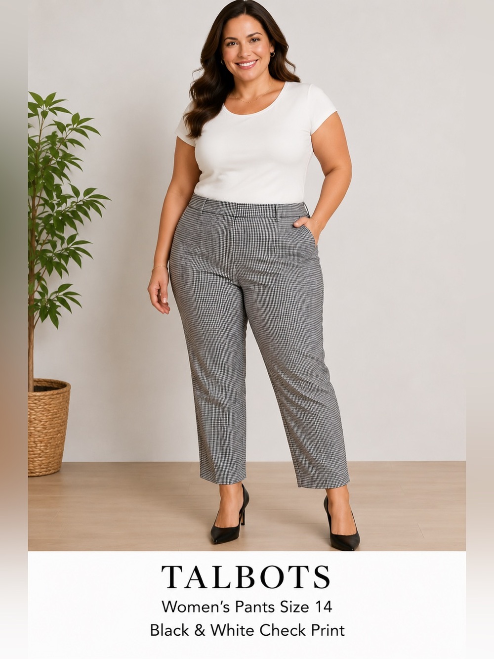 Talbots Women's Pants Black & White Check Print gingham style Cottagecore/14